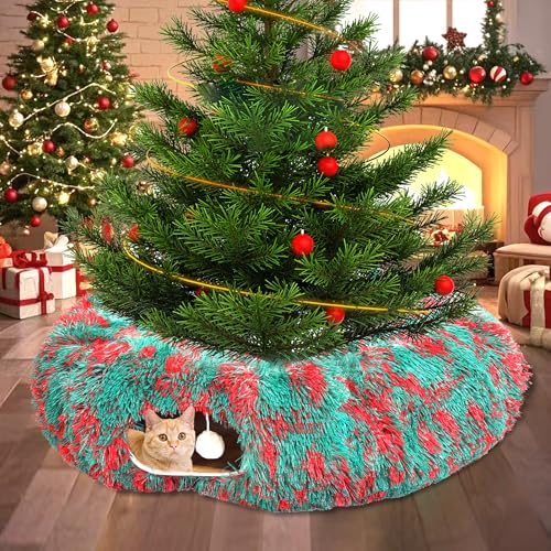 Warm Fluffy Plush Cat Tunnel Bed Under Christmas Tree Big Tube Playground Toys 3 FT Diameter Longer Crinkle Collapsible 3 Way, for Indoor Cat Kitty Kitten Puppy Rabbit Ferret Green-Red - color: Green
