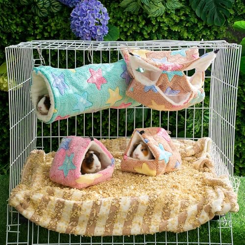 Abbylike 9 Pieces Rat Hammock 3 Tier Guinea Pig Ferret Hammocks Small Pet Hanging Tunnel Glider Toy Guinea Pig Ferret Hideout Bed Cage Accessories for Hamster (Green, Pink, Brown,Stars) - color: Green, Pink, Brown