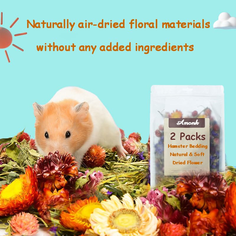 Amonk Natural Flower Bedding for Hamsters, Rabbits & Small Pets | 100% Safe & Odor Control | 200g/7.05oz No Herbs Soft Floral Habitat Decor | Non-Toxic, Eco-Friendly Bedding for Cages & Nesting