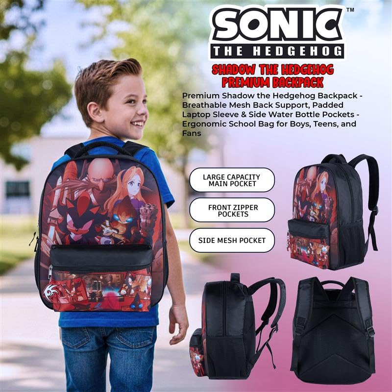 AI ACCESSORY INNOVATIONS Sonic X Shadow Generations Dark Beginnings Backpack for Girls & Boys, 16" Black Bookbag with Molded Shadow Dangle, Sublimation Print - color: Sonic X Shadow