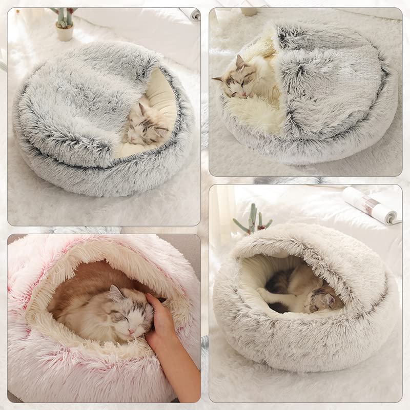 Round Fluffy Hooded Cat Bed Cave, Anti-Anxiety Cave Bed with Blanket | Hooded Cat Bed Cave, Cozy Cuddler Luxury Puppy Pet Bed, Anti-Slip Bottom and Machine Washable - color: Pink, size: Large