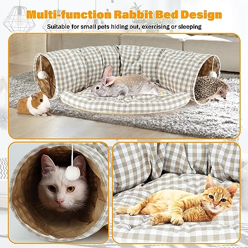 BWOGUE Bunny Tunnel Bed, 2-in-1 Collapsible Rabbit Tunnel Hideout with Mat | Removable Mat for Washing, Ball Toy for Play, Tunnel Tubes for Hiding, Soft Suede Fabric, Cats Rabbits Guinea Pigs - color: YellowPlaid
