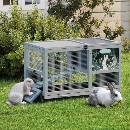 COZIWOW 36.5-Inch Double-Decker Wooden Rabbit Hutch with Wheels, Featuring A Cleaning Tray and Ladder—Stylish and Easy to Assemble（Grey and Pattern） - color: Grey and Pattern