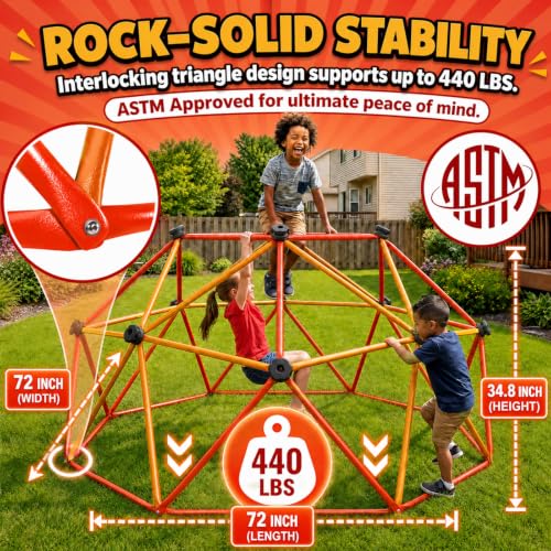 6FT Climbing Dome for Kids, Jungle Gym for Indoor and Outdoor, Geometric Dome Climber Supporting 440 Lbs Anti-Rust Metal Play Structure, Kids Gift Toys, ASTM Approved, Red & Orange - color: Orange & Red