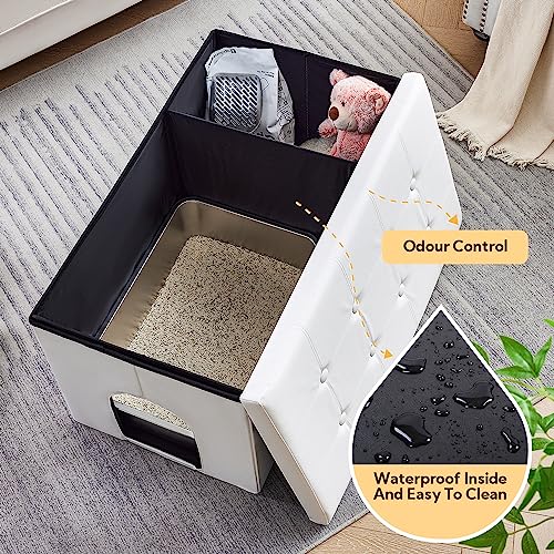 MEEXPAWS Cat Litter Box Enclosure Furniture Odor Control, Extra Large | XXL Hidden Cat Litter Box Bench Ottoman, Storage Cabinet Dog Proof, Waterproof Inside, Easy Clean, Easy Assembly, White - color: White, size: XXL L35.4'' x W19.7'' x H19.7''