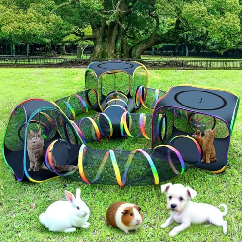 CypherX Outdoor Cat Enclosure, Portable Cat Tent with Tunnel Popup Catio | 7-in-1 modular design: 3 tents, 9.8" wide tunnels, scratch balls & storage bag. Durable setup for small animals & cats. - size: 7 in1 Maze(9.8"W)