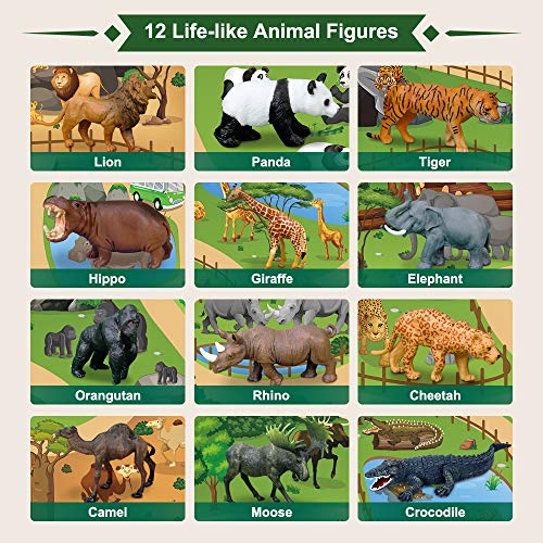 Mini Tudou Safari Animals Figures & 57x38.6'' Play Mat for Kids Toddler 3-5 | Zoo Animal Toys, Realistic Wild Animal Figurines, Plastic Jungle African Animals Playset with Storage Bin, Gift for Boy Girl