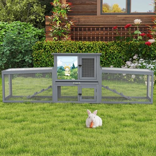 COZIWOW Outdoor Deluxe Rabbit Hutch Health Bundle: 95-Inch Large Cage & Smart Air Purifier for Rabbits, Chickens, and Small Animals - color: Gray White