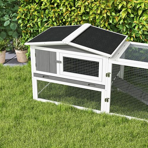 PawHut Rabbit Hutch 2-Story Bunny Cage, Guinea Pig Cage Indoor Outdoor, Small Animal House with Slide Out Tray, for Rabbits, Chickens, Ducks, 61.5" x 23" x 27", Light Gray | Bunny Cage, Guinea Pig Cage, Small Animal House, Slide Out Tray, for Rabbits Chic