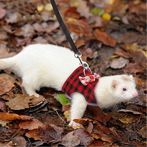 Stock Show Small Pet Outdoor Walking Harness Vest and Leash Set with Cute Bowknot Decor Chest Strap Harness for Rat Ferret Squirrel Hamster Clothes Accessory, Red Plaid
