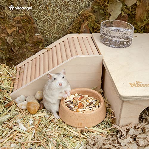 Niteangel Wooden Hamster Food Bowl: Beech Stable & Hammy Pattern for Dwarf | Prevent Oil & Dust Small Animal Feeding Dish for Dwarf Syrian Hamsters Gerbils Mice Degus or Other Similar-Sized Small Pets - size: For Dwarf