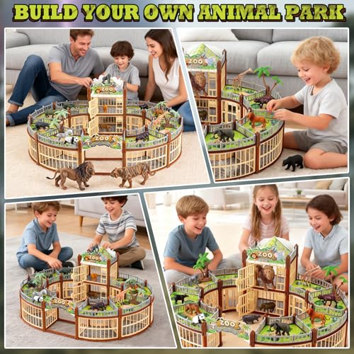 Complete 248PCS Animal Playground Set with 14 Realistic Wild Animals – Build Your Own Animal Park, Interactive Playset with Openable Fences & Battle Station, for Boys Girls Kids Toddlers 3-8 (Brown) - color: Brown