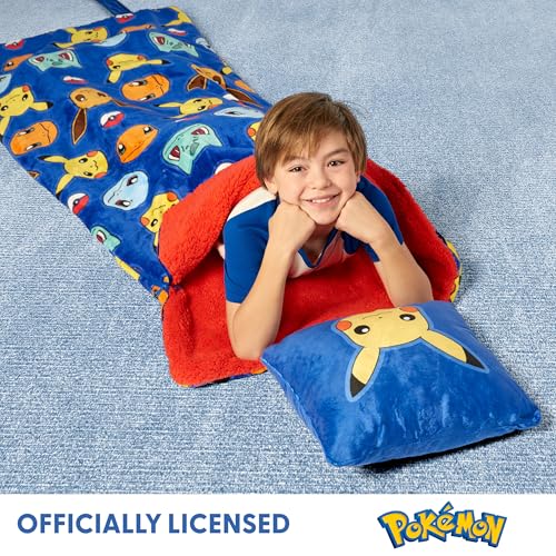 Silk Touch Sherpa Slumber Bag for Boys and Girls, Sleeping Bag with Zipper, Sleepover Set, 27 x 56 inches - color: Pokemon Bring the Battle w/ Pillow