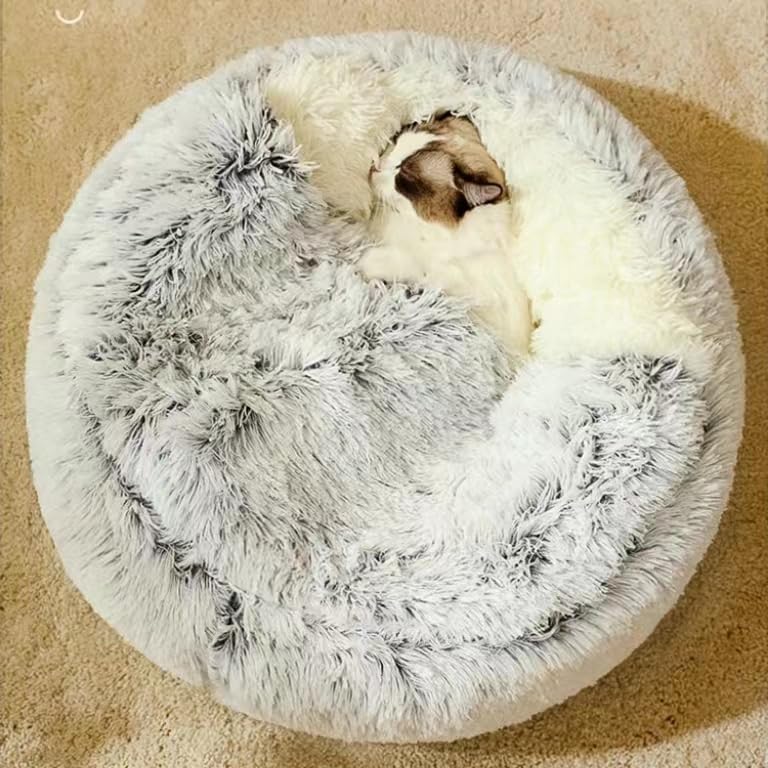 Cat Bed Round Fluffy Hooded Cat Bed Cave, Anti-Anxiety Cave Bed with Hooded Blanket, Cozy Cuddler Luxury Puppy Pet Bed, Anti-Slip Bottom and Machine Washable (Grey, Medium) - color: Grey, size: Medium