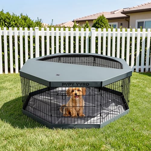Dog Playpen with Top Cover and Bottom Pad,Foldable Playpen,8 Panels 24" H | Metal Puppy Play Pen,with Door for Indoor Outdoor,Pet Exercise Fence for Small Medium Animals - size: 24''H