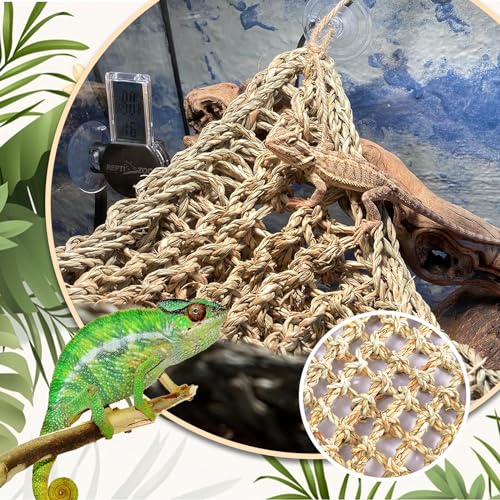 PINVNBY Bearded Dragon Hammock with Suction Cups,Lizard Lounger Natural Seagrass Reptiles Hammocks Reptile Tank Accessories Jungle Plants Climber Vines Leaves Habitat Decor for Lizards Chameleon Gecko