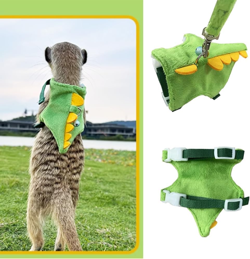 Ferret Harness and Leash Set Small Animals Vest Harness with Safe bell Dinosaur Shaped Walking clothes for Baby Rabbit Guinea pig Teacup Chihuahua Mouse and other small pet (Green) - color: Green