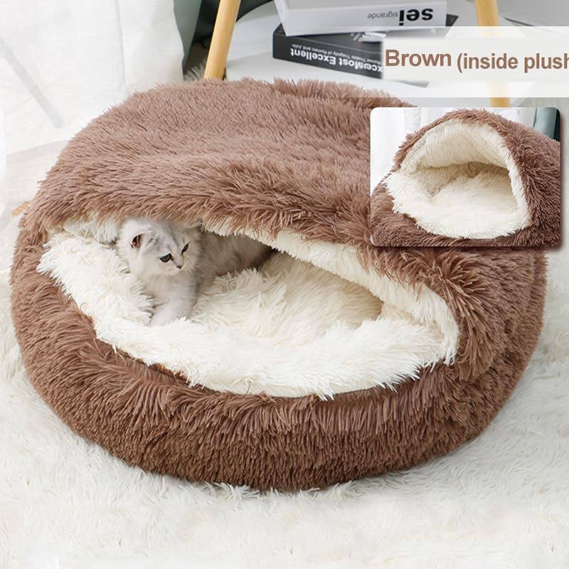 Round Fluffy Hooded Cat Bed Cave, Anti-Anxiety Cave Bed with Blanket | Hooded Cat Bed Cave, Cozy Cuddler Luxury Puppy Pet Bed, Anti-Slip Bottom and Machine Washable - color: Brown, size: Large