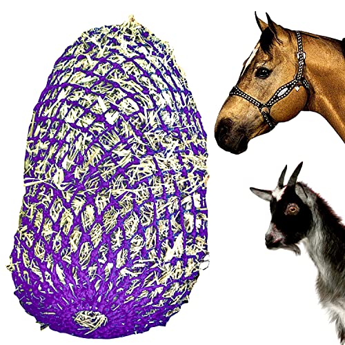 Majestic Ally 1.25”x1.25” Holes Ultra Slow Feed 40” Very Sturdy Hay Net with Bottom Ring for Goat, Sheep, Simulate Grazing and Reduces Waste (Purple) - color: Purple