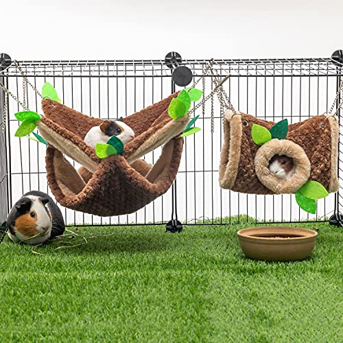 Guinea Pig Hideout, Hammock & Tunnel, Washable Cage Accessories | Warm Soft Fleece Pet House for Guinea Pig, Hamster, Rat, Chinchilla - size: One Size with Chain