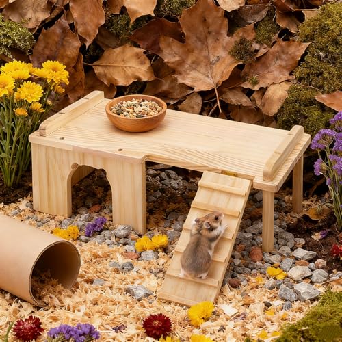 Hacaroa Wooden Hamster Hideout with Ladder, Large Hamster Platform Guinea Pig Hide Play House, Small Animals Climbing Toy Chinchillas Cage Accessories for Syrian Hamsters, Rats, Gerbils