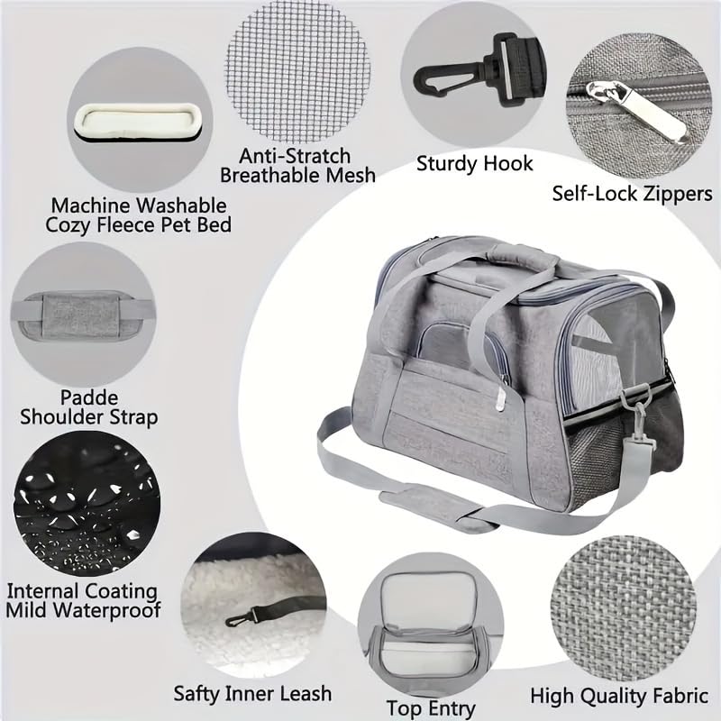 Cat Carrier Bag, Airline Approved Soft Carrier for Cats & Small Dogs | Airline approved pet carrier for pets under 15lb, breathable mesh with privacy cover, lightweight, foldable & washable - color: grey