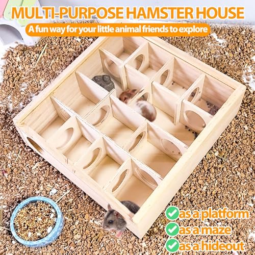 Kathson Wooden Hamster Tunnel Maze with Cover,Multichamber Hamster Hideout | Mice House Tunnel Exploring Toy for Dwarf Hamsters, Gerbils,Small Animals - color: Transparent-top hamster hideaway