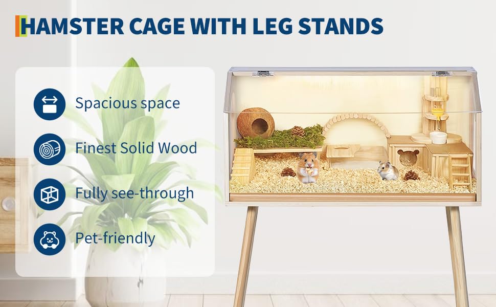 Spacious Wooden Hamster Cage with Acrylic Window & Openable Top – Raised Legs, Seesaw, Platforms, Water Bottle – Chew-Proof Habitat for Dwarf Syrian Hamster, Gerbil, Mouse, Rat – Small Size 81 - size: 32" L x 16" W x 40" H