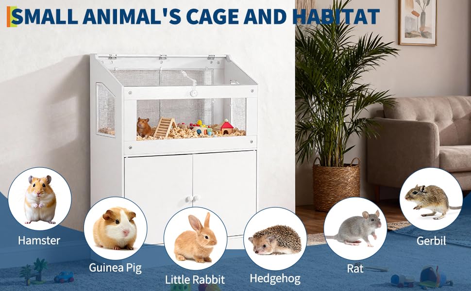 Hamster Cage with Storage Cabinet, Acrylic Flip-Top Small Animal Habitat Furniture, Ventilated Mesh Enclosure with Front Access Door, Space-Saving Modern Pet Cage for Hamsters & Small Pets