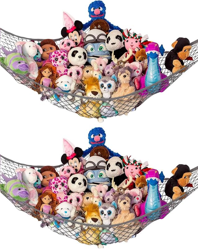 Stuffed Animal Hammock XL 2 Pack | Corner Stuffed Animal Storage & Plushie Net | Extra Large Toy Hammock for Stuffed Animals | Easy Hang, Hardware Included | Gray Bedroom Decor | by Lilly's Love - color: Gray, size: 2 Pack (XL) - 79" x 63" x 63"