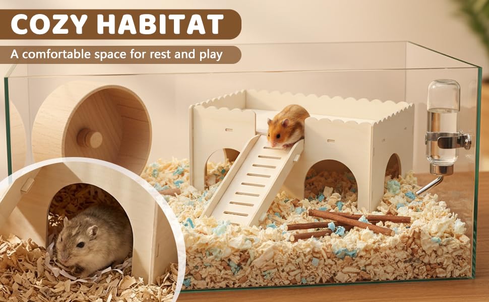 Upgraded Guinea Pig Castle, Wooden Hideout with Non-Slip Stairs, Easy Assembly, Sturdy Small Animal Toy for Play & Habitat, with Cleaning Cloth, for Hamster, Rabbit, Chinchilla