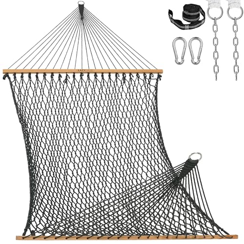 Lazy Daze 13 Ft Double Handwoven Polyester Rope Hammock with Tree Straps | Mesh Hammock for 2 Person, with Spreader Bar, Carabiners, Chains for Outside, Backyard, Patio, 450 Lbs Capacity - color: Grey