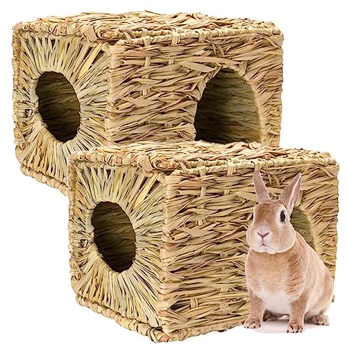 Foldable Grass Woven Animal Hut Bunny House Play Hideaway Bed Mat Chew Toy for Rabbit Guinea Pigs Gerbils Hamster (12"x8"x8") - size: 12"x8"x8"