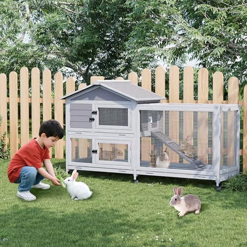 Garvee Wooden Rabbit Hutch, Bunny Cage with Wheels, Rabbit Cage with Chew-Proof Ramp and Pull Out Tray, Small Rabbir House for Guinea Pigs, Rabbit, Indoor Outdoor Use