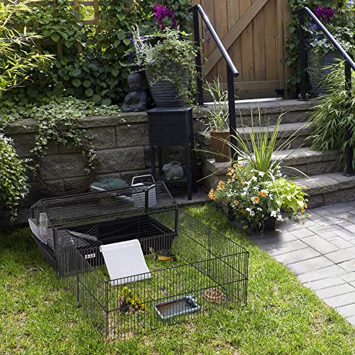 PawHut Small Animal Cage with Foldable Run Area, Rolling Bunny Cage, Guinea Pig Cage, Hedgehog Cage with Water Bottle, Water Bowl, and Ramps, 35" L | Guinea Pig Hutch, Hedgehog Cage, Water Bottle, Water Bowl, Ramps - size: 50.5"L x 34.8"W x 22.0"H
