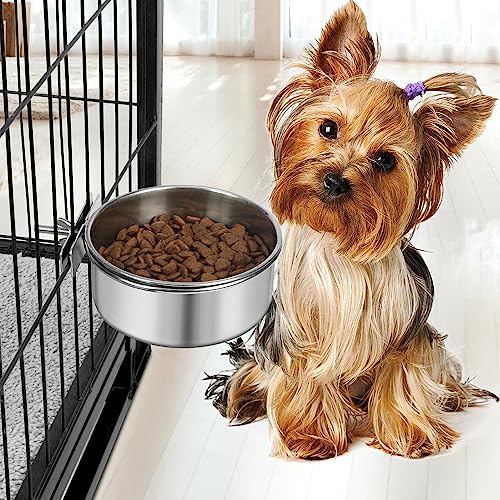 Dog Bowl Stainless Steel Pet Hanging Food Water Bowl Cage Feeding Cup Feeder for Dogs Cats Rabbits Birds Small Animal (Medium) | Rust-resistant, detachable bracket for easy cleaning & refilling, no spill, for dogs/cats/rabbits/birds cage kennel, 20oz - co