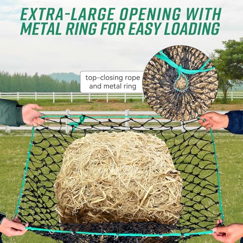 Slow Feed Hay Net, Square Bale PE Horse Hay Net with Drawstring | Premium PE Hay Nets With 1.6 in Holes & Drawstring Closure Fits 36x18x18–45x25x17 Inch Square Hay Bales for Easy Loading