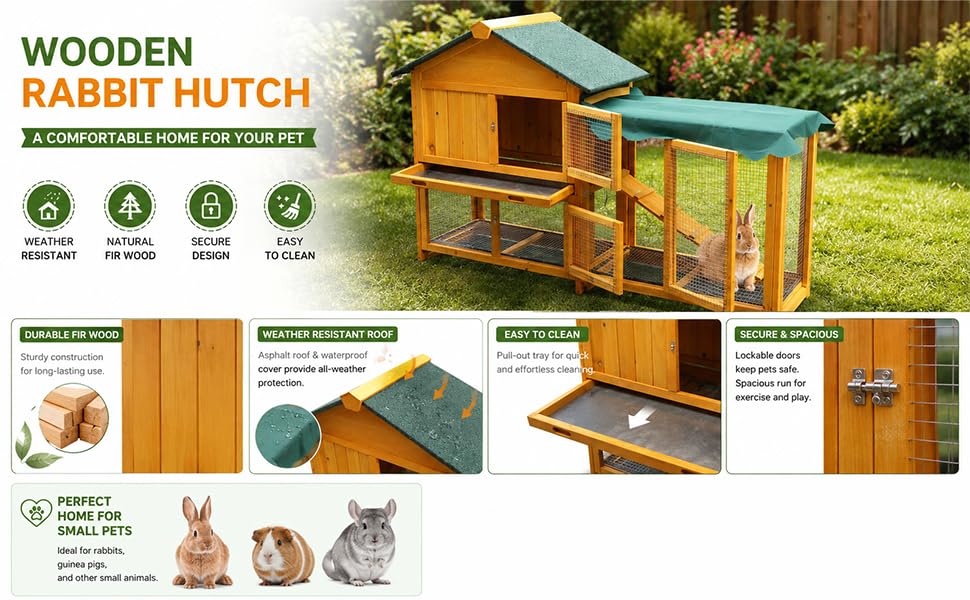 Outdoor Rabbit Hutch, Wooden Rabbit House, Equipped with Rainproof roof, Removable Pull-Out Tray and ramp. Made of Solid Wood, Suitable for Rabbits, Chickens and Ducks.Rabbit cage