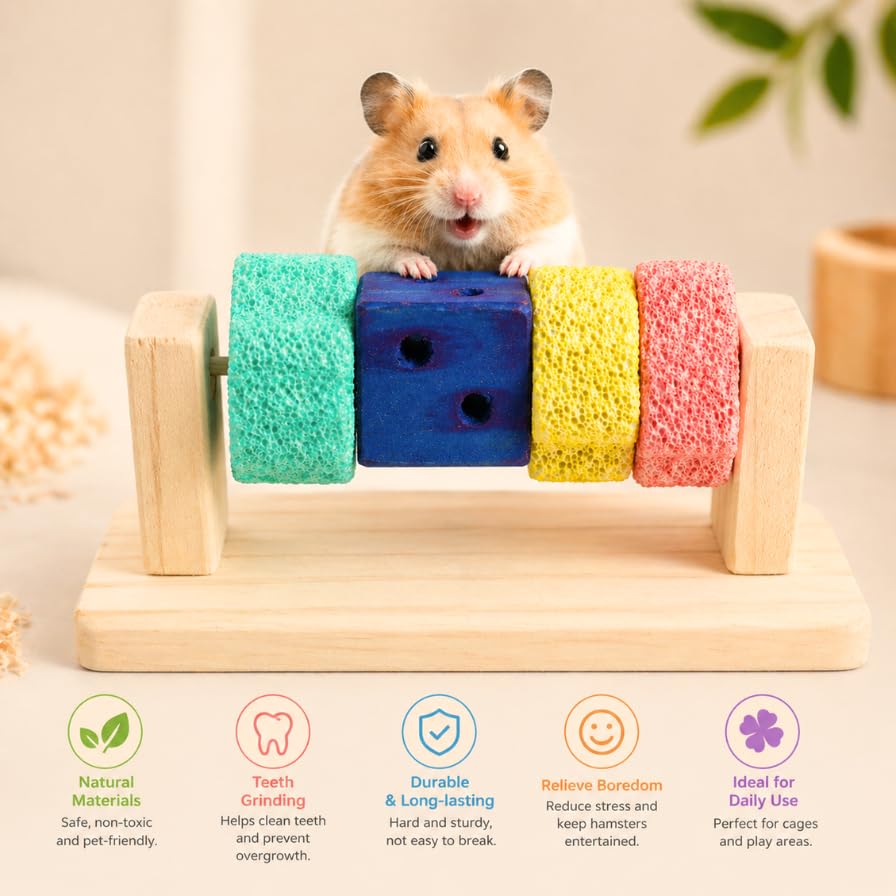 Hamster Chew Toys with Rotatable Wooden Stand, 5.5 Inch Teeth Grinding Stone Blocks, Rat Chew Toys for Pet Rats Enrichment, Guinea Pig Chew Toys for Teeth, Gerbil & Chinchilla Chews