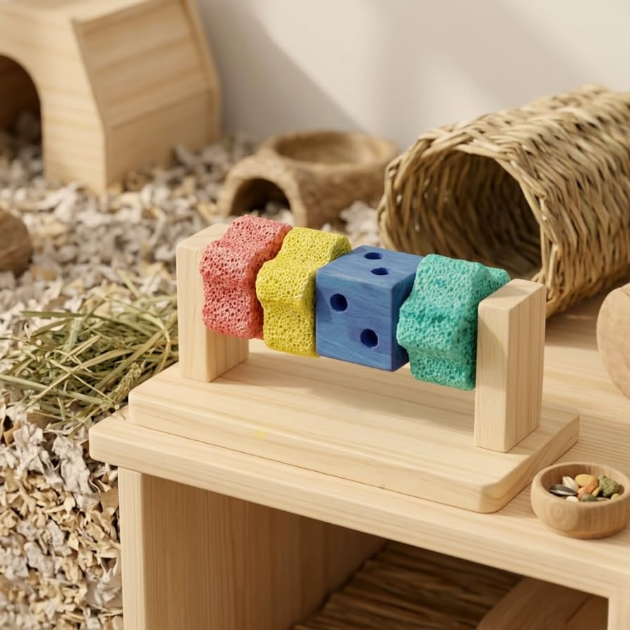 Hamster Chew Toys with Rotatable Wooden Stand, 5.5 Inch Teeth Grinding Stone Blocks, Rat Chew Toys for Pet Rats Enrichment, Guinea Pig Chew Toys for Teeth, Gerbil & Chinchilla Chews