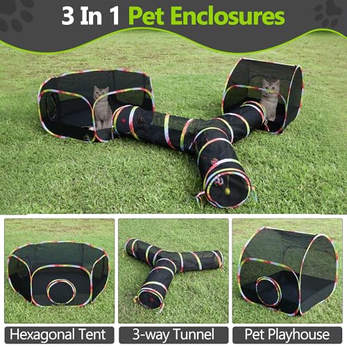 Outdoor Cat Enclosure, 3-in-1 Portable Pop Up Cat Mesh Tent with Tunnel for Cat Run, Easy Set Up and Foldable Catio Playground for Indoor Cats, Rabbits & Small Animals, Includes Storage Bag - size: 3-in-1 cat enclosures set