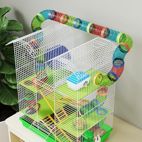 PawHut 18.5" 5 Tier Hamster Cage with Tubes and Tunnels, Green | Small Animal Cage, Rat Gerbil Habitat, Water Bottle, Food Dish, Exercise Wheel - color: Green