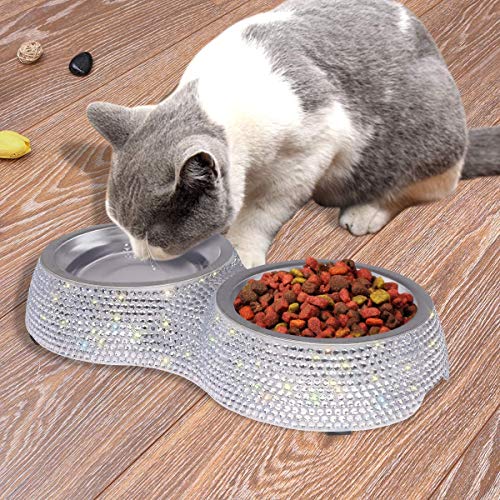 SAVORI Small Dog Bowls, Handmade Bling Rhinestones Stainless Steel Pet Bowls Double Food Water Feeder for Puppy Cats Dogs Cats (Silver-320ml) - color: Silver-320ml