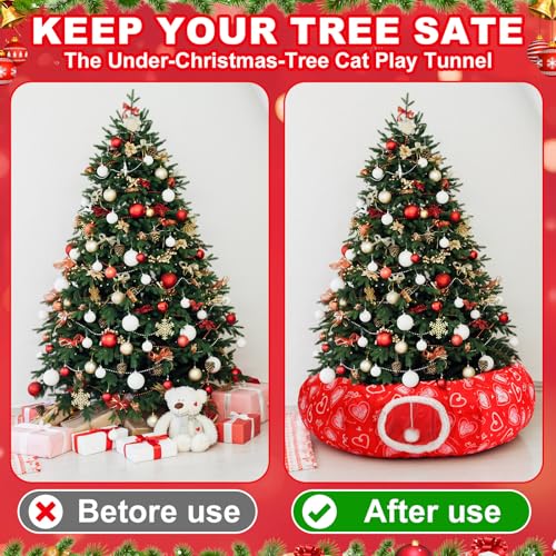 Soulchen Cat Tunnel Bed 3 ft x 3 ft x 9.8 Inches Cat Tunnel Tree Skirt Red Heart Pet Cave Donut Decor for Indoor Small Medium Kittens Dog Rabbit Ferret