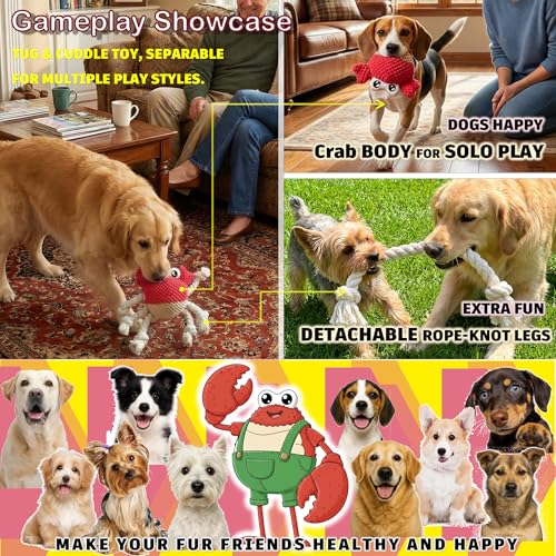 Plush Squeaky Crab Dog Toy with Rope Legs - 5.5''X9.5'' Durable Dog Chew Toy for Small Dogs | Built-in Whistle Sounds | Teeth Cleaning | Interactive Dog Toys （RED）
