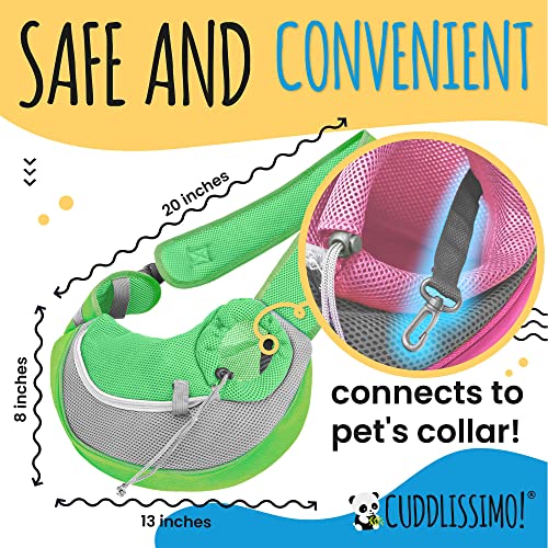 Cuddlissimo Small Dog Sling Carrier, Pet Cat Sling, Puppy Pouch - Green-S | Teacup & toy breeds under 6 lbs, Yorkie, Chihuahua, kitten, wearable purse-style shoulder bag, hands-free chest carrying - color: Lime Green