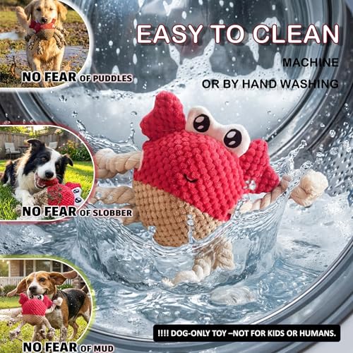 Plush Squeaky Crab Dog Toy with Rope Legs - 5.5''X9.5'' Durable Dog Chew Toy for Small Dogs | Built-in Whistle Sounds | Teeth Cleaning | Interactive Dog Toys （RED）
