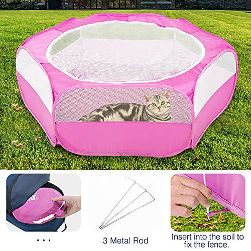 Pawaboo Small Animal Playpen with Zippered Cover, Rose Red | Portable pop-up pet tent for supervised rabbits, guinea pigs, chicks and kittens; water-resistant bottom and 3 metal rods - color: Rose Red