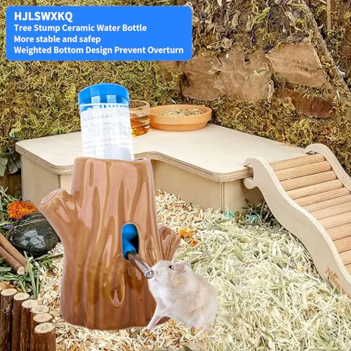 4.27oz(125ML)Stump-Shaped Ceramic Hamster Water Bottle(Brown+Blue) | Leak Proof Small Animal Waterer with Bracket,for Syrian Dwarf Hamster, Mice, Chinchillas - color: Brown+blue