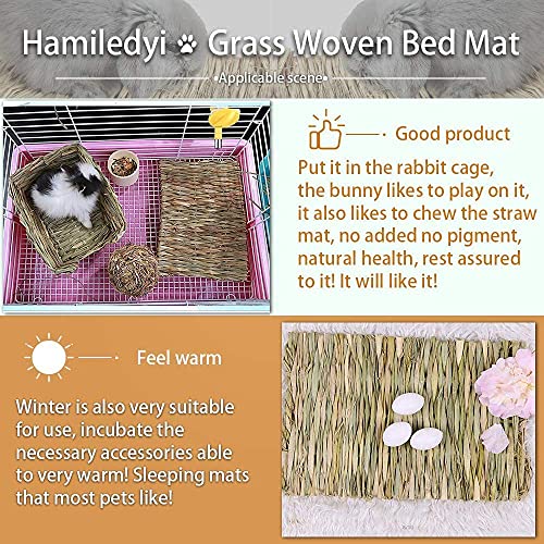Hamiledyi Rabbit Grass Mat 4PCS Large Woven Bed Mat for Small Animal Bunny Bedding Nest Chew Toy Bed Play Toy for Guinea Pig Parrot Rabbit Bunny Hamster Rat